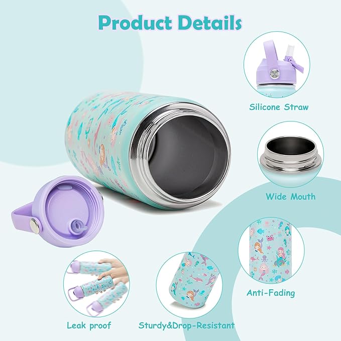 18oz Kids Insulated Water Bottle with Straw Lid - 18/8 Stainless Steel Kid Cup BPA-FREE Tumbler Double Wall Vacuum Leak Proof Portable Toddler Water Bottle for School (Purple Mermaid)