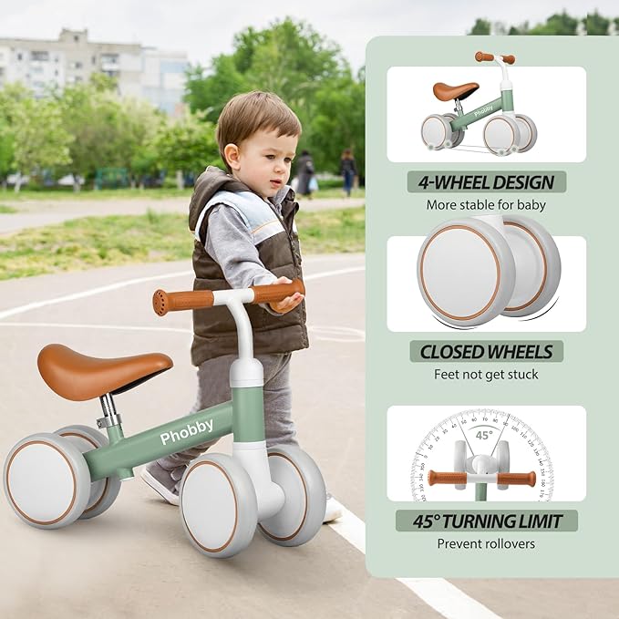 Baby Balance Bike for 1 2 Years Old Boys Girls, 4 Wheels Toddler Bike with Adjustable Seat, 12-24 Months Kids First Birthday Christmas Toy Gift