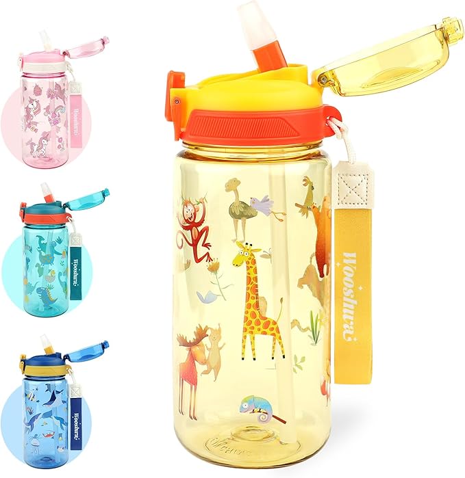 Kids Water Bottle for School or Travel, 20 Oz Durable Plastic Water Bottle with Silicone Straw and Pop-Up Spout Cover, BPA Free & Dishwasher Safe(Forest Animals)
