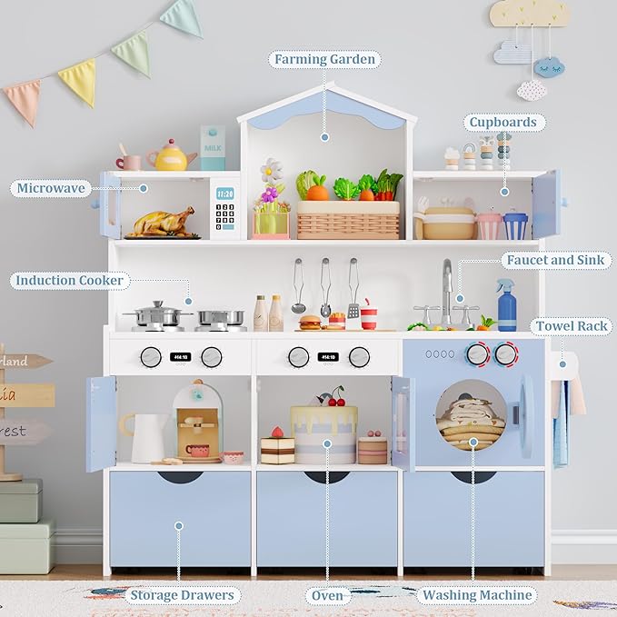 Keyluv Wooden Play Kitchen for Kids and Toddler, Montessori Toy Kitchen Playset with Plenty of Pretend Play Features and Storage Drawers, Gift for Boys and Girls, Blue