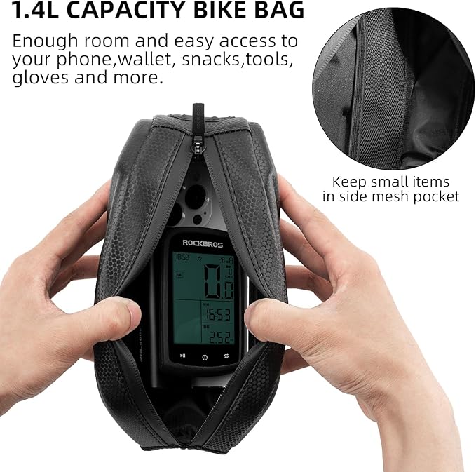 ROCKBROS Top Tube Bag Hard Shell Bike Tube Bag Pouch 1.4L Capacity Bike Frame Bag Cycling Accessories