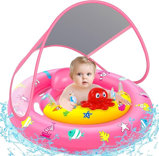 Baby Pool Float with Canopy, Inflatable Baby Swim Float with UPF50+ Sun Protection, Toddler Infant Pool Float with Toy Play Console Adjustable Safety Seat for Kids Girls Boys Aged 6-36 Months