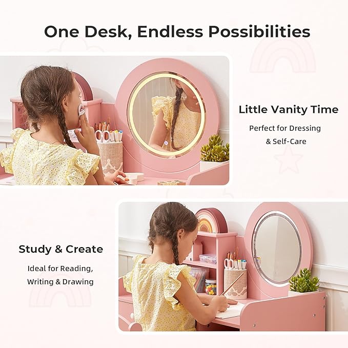Toddler Vanity with Lighted Mirror, Kids Vanity Table and Chair Set with Open Bookshelf, Storage Cabinet & Shelves, Pink Dressing Table for Girls