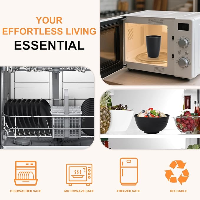 Wheat Straw Dinnerware Sets for 8,Plastic Plates and Bowls Sets 32-Piece, Unbreakable & Lightweight Dish Set, Camping Plates, Cereal Bowls, Cup Sets for Kitchen, Apartment Essentials - Black