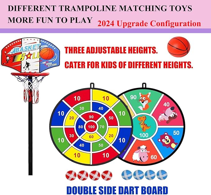 LANGXUN 60" Trampoline for Kids, 5ft Toddler Mini 6-in-1 Trampoline Indoor Outdoor with Swing, Basketball Hoop, Dart Board, Gymnastics Bar, Rings, Christmas Toys Birthday Gifts for Girls Boys Age 3-8