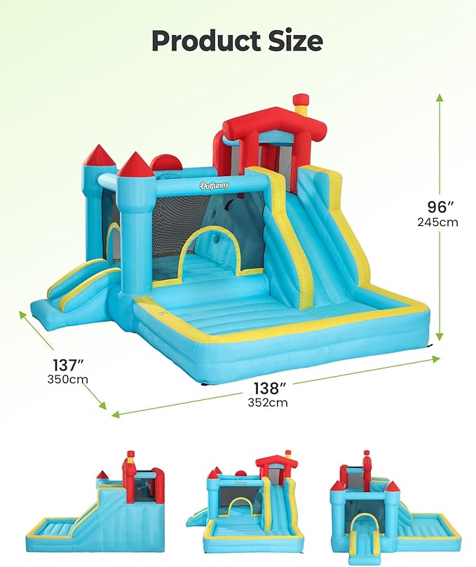 Inflatable Bounce House, Large Bouncy Castle for Kids with Slide, Outdoor & Indoor, 450W Blower - Blue
