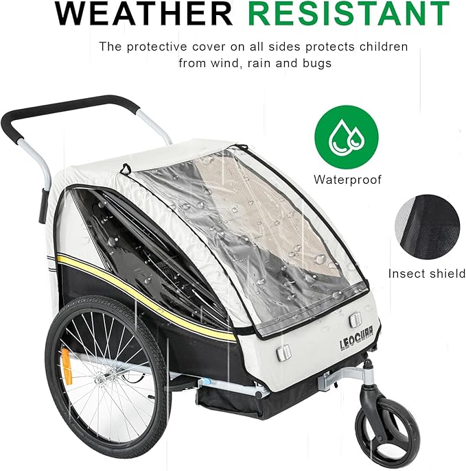 LEOGUAR Bike Trailer for Kids, Stroller, Suitable for 1 to 2 Kids, 5-Point Harness, Padded seat and Backrest, Folding Frame, Quick Release Wheels, 8" Swivel Front Wheel, Bug Screen & Weather Shield