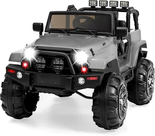 Best Choice Products Kids 12V Ride On Truck, Battery Powered Toy Car w/Spring Suspension, Remote Control, 3 Speeds, LED Lights, Bluetooth - Light Gray