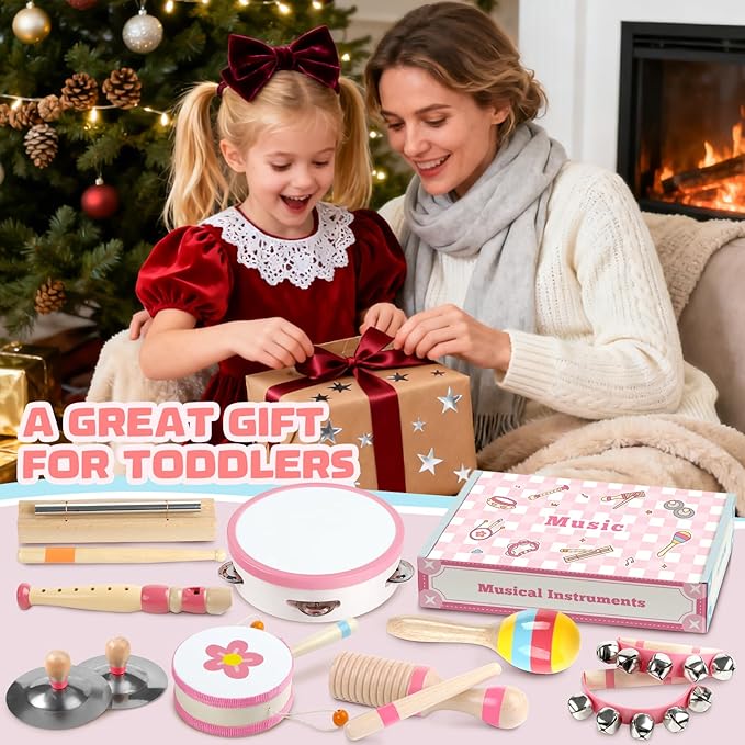 Baby Musical Instruments - Montessori Musical Toys for Toddlers 1-3, Wooden Percussion Instruments Set, Kids Preschool Educational Music Learning Toys, Christmas Birthday Gifts for Boys Girls Age 18m+