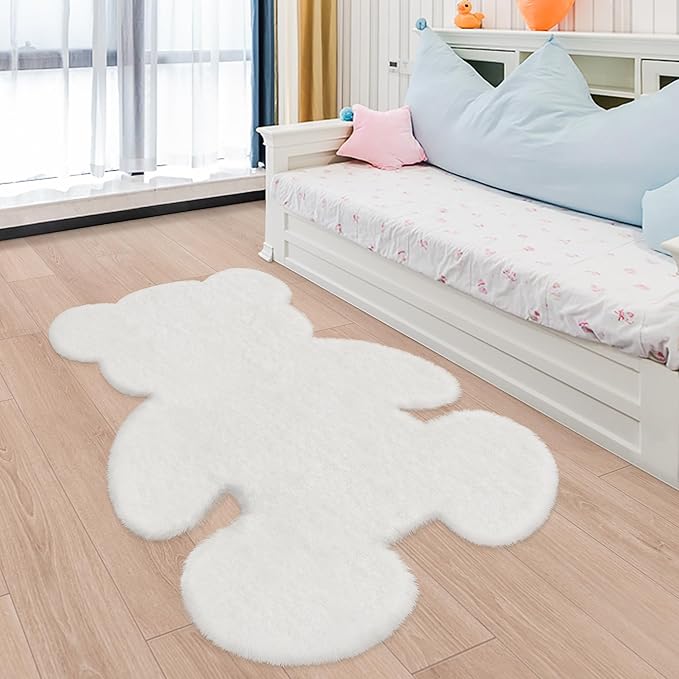 4x5.3 ft White Bear Shaggy Large Rug, Soft Fluffy Faux Sheepskin Fur Rug Fuzzy Shag Area Rug Cute Plush Carpet for Nursery Kids Girls Bedroom Room Aesthetic Living Room Floor Home Decor, White