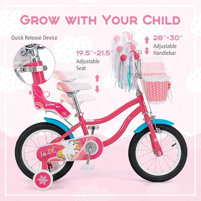 BABY JOY Kids Bike, 12 14 16 18 Inch Children Bicycle w/Detachable Training Wheels, Storage Basket, Adjustable Seat & Handlebar, Bow or Streamer, Girls Bike for 3-8 Years Old