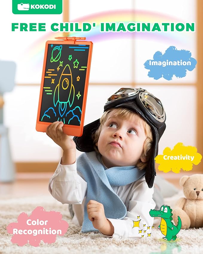 KOKODI LCD Writing Tablet, 10 Inch Colorful Doodle Board Drawing Tablet, Erasable Reusable Electronic Drawing Pads, Educational and Learning Toy for 3-6 Years Old Boy and Girls