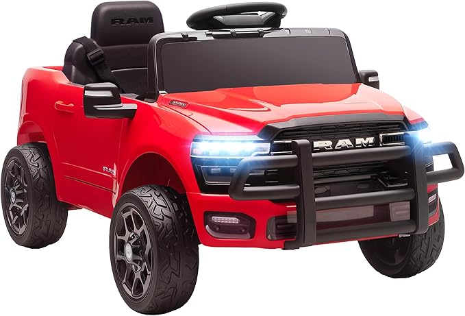 Qaba 12V Kids Ride on Car, Licensed Dodge RAM 3500 Electric Car for Kids with Dual Motors, Parent Remote Control, Rear Suspension, Power Display, Bluetooth Music and LED Lights, Red