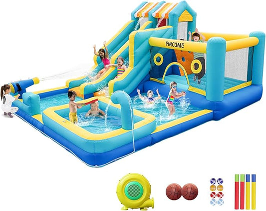 Inflatable Bounce House, 10 in 1 Double Water Slide Bounce House with 750W Blower, Climbing Wall, Jumping, Water Gun, Splash Pool, Basketball Hoop for Kids Indoor Outdoor Backyard