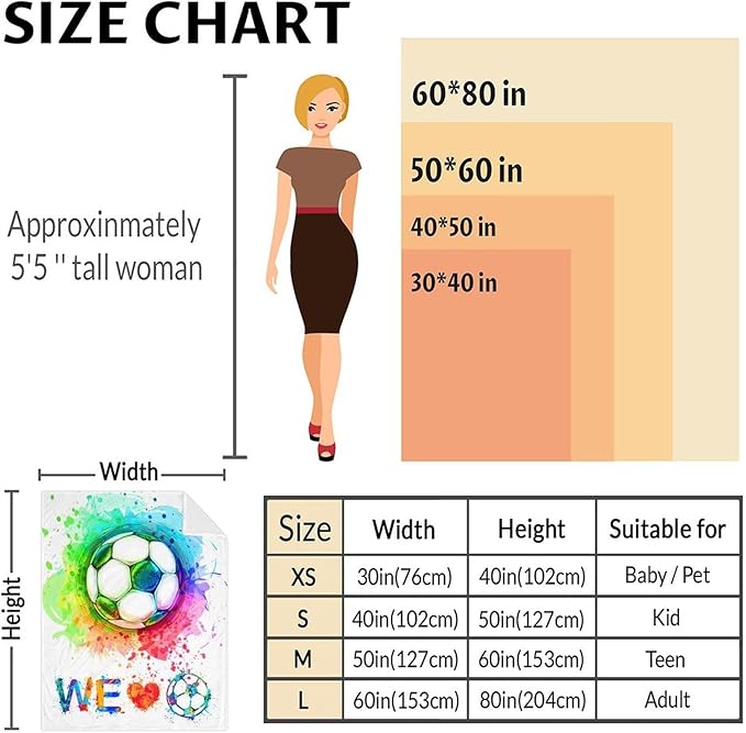 Soccer Throw Blanket - Soft, Fuzzy & Warm - 60x80 Inches Twin Size Blanket for Couch, Office - Colorful Cute Throw Gift for Girls, Boys