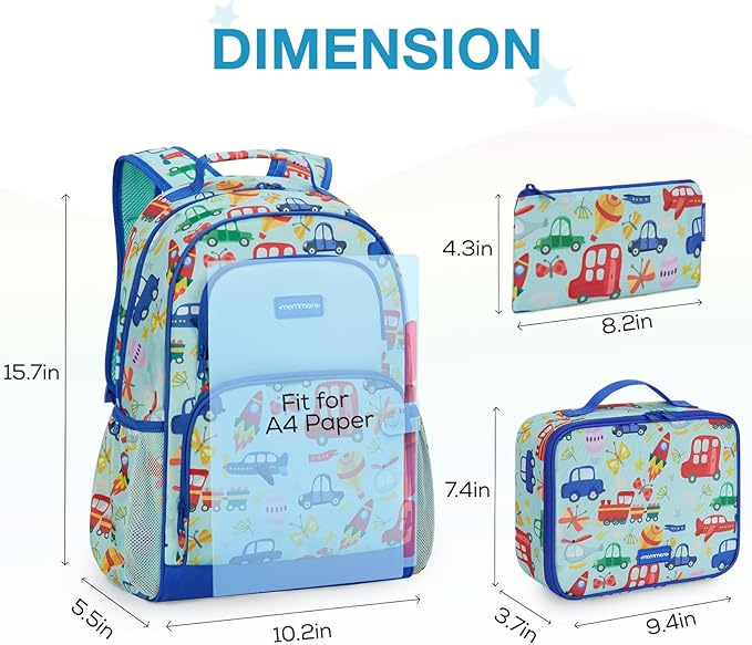 mommore Kids Backpack for Boys Girls Preschool Kindergarten Backpacks Lightweight Elementary School Bookbag with Lunch Box