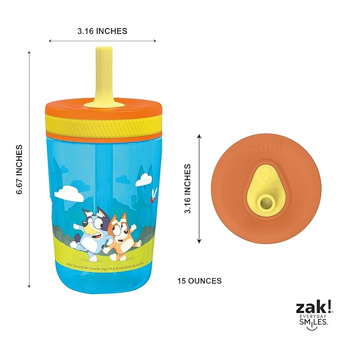 Zak Designs 15oz Bluey Kelso Tumbler Set, Leak-Proof Screw-On Lid with Straw Made of Durable Plastic and Silicone, Perfect Bundle for Kids, 2 Count (Pack of 1)