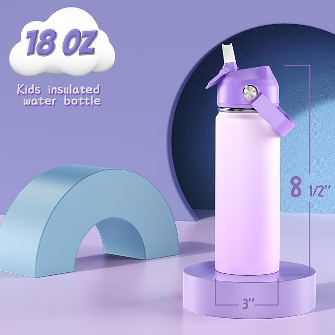 18oz Kids Insulated Water Bottle with Straw Lid - 18/8 Stainless Steel Kid Cup BPA-FREE Travel Tumbler Double Wall Vacuum Leak Proof Portable Toddler Water Bottle (Purple）