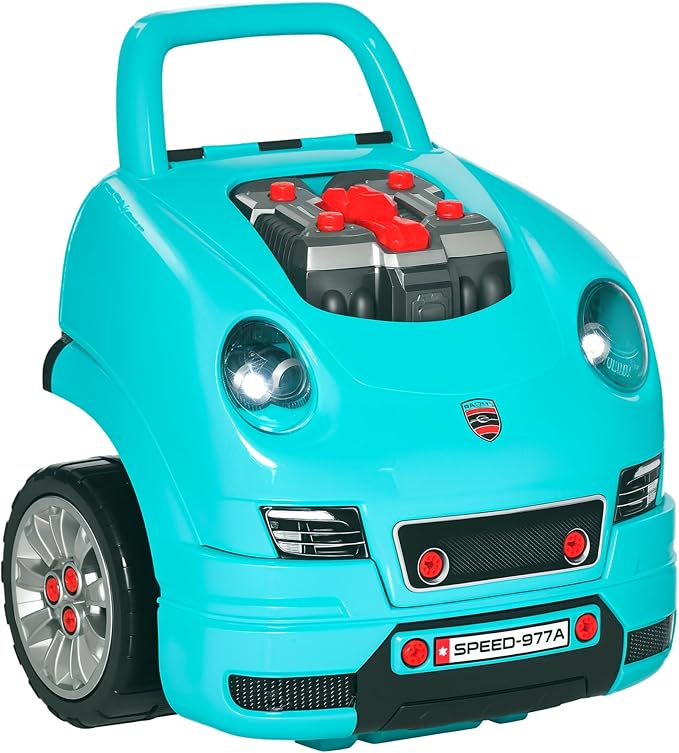 Qaba Truck Engine Toy, Kids Mechanic Set with Lights, Sounds, Steering Wheel and Horn, Pretend Car Service Station Play with 61-Piece Included, Toy Engine Building Kit for Kids Aged 3+, Blue