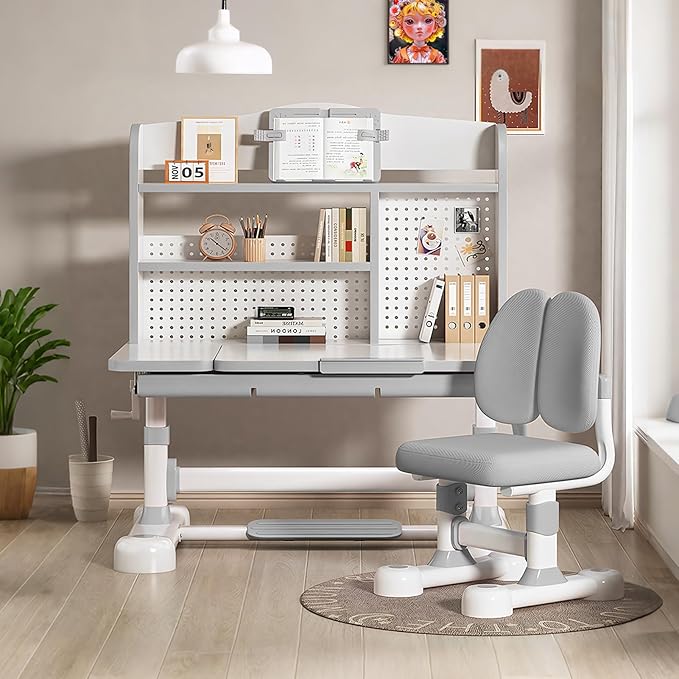 Kids Desk and Chair Set, Height Adjustable Study Table with Bookshelf & Storage Drawer, 0-50° Tiltable Desktop, Ergonomic Study Desk for Boys and Girls Ages 3-12 (Grey)