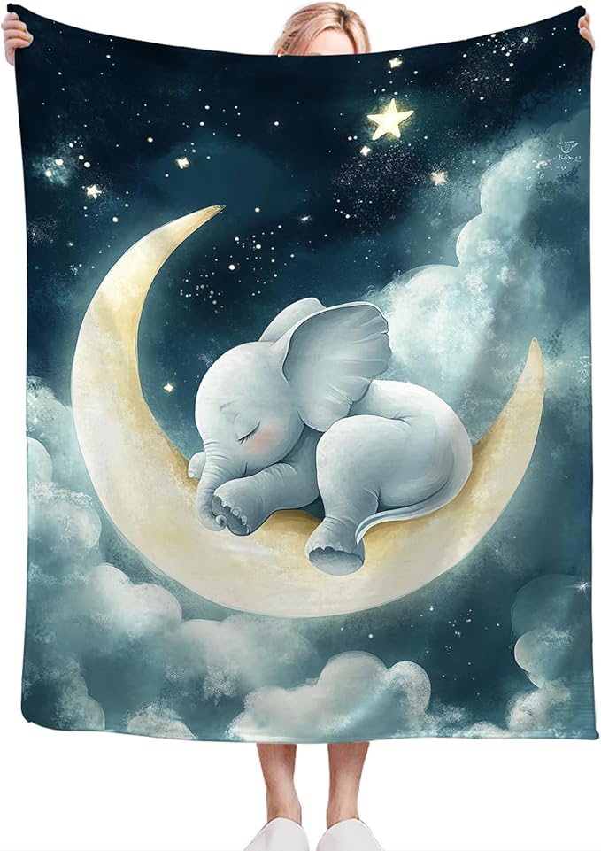 Ultra Soft Cozy Cute Elephant Moon Blanket - Fleece Fuzzy Plush - Lovers Decor Gifts for Women, Girls, Adults - 80"x60"