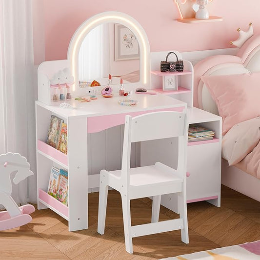 MU Kids Vanity with Lights, Princess Makeup Vanity Desk with Open Bookshelf, Storage Cabinet & Shelves, 2 in 1 Toddler Vanity Table & Chair Set with Lighted Mirror for Little Girls (White)