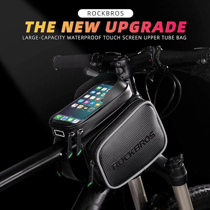 ROCKBROS Bike Bag Waterproof Top Tube Phone Bag Front Frame Mountain Bicycle Touch Screen Cell Phone Holder Pouch Compatible with iPhone X, 8 Plus 7