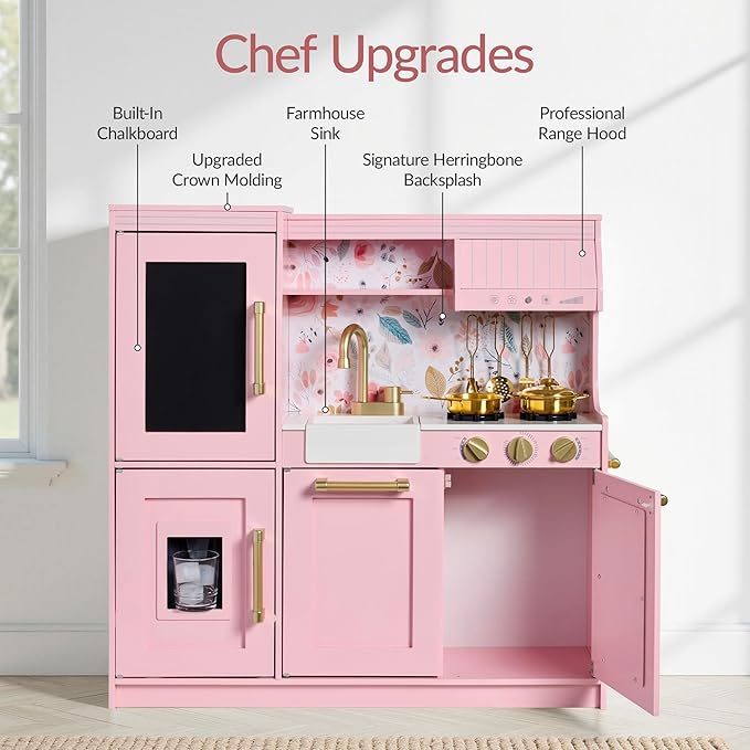 Best Choice Products Pretend Play Kitchen for Kids, Interactive Wooden Toddler Playset, Framed Chalkboard, Toy Storage, 11 Accessories – Pink