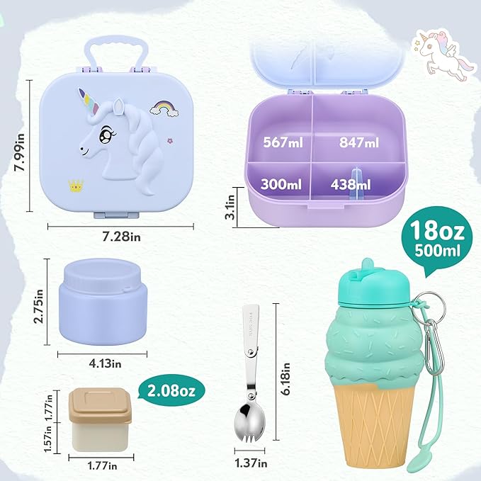 Kids Lunch Box Set -12oz Insulated Food Jar, Thermal Bag,Leakproof Lunch Food Containers Cutlery (BPA Free)-Gift for Girls/Boys Age 3-10(Blue+Blue Jar)