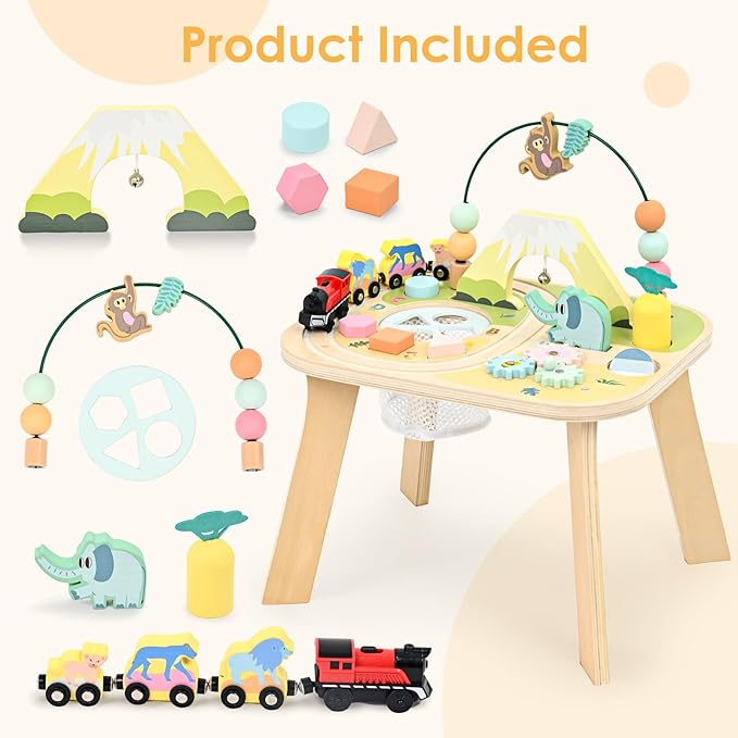 wingyz 9-in-1 Activity Table for 1 Year Old Toddler, Multi-Colorful Wooden Montessori Toys, Baby Play Table with Bead Maze Shape Sorter Train Toy, Educational Gifts for 12 Months+ Kids Boys Girls