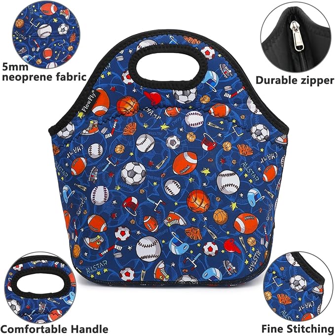 FlowFly Neoprene Kids Lunch box Insulated Soft Bag Mini Cooler Thermal Meal Tote Kit for Boys, Girls,Men,Women,School,Work, Office, FootBall