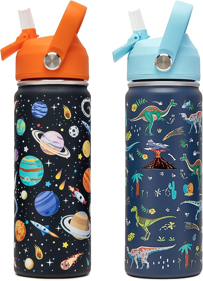 18oz Kids Insulated Water Bottle with Straw Lid - 18/8 Stainless Steel Kid Cup Travel Tumbler Double Wall Vacuum Leak Proof Portable Toddler Water Bottle (Space + Dinosaur)