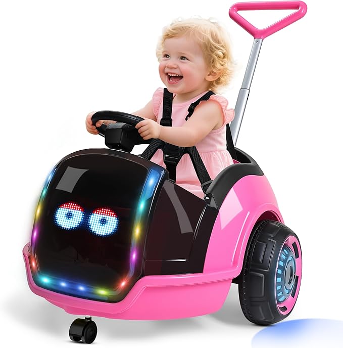 ANPABO 3-in-1 Electric Push Ride On Car, 12V Kids Ride On Toy w/Remote Control, 360° Spin, LED Display, Colorful LED Light, 5-Point Safety Belt, Music Player, Push Car for Toddler Ages 1-3 (Pink)
