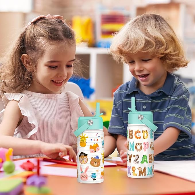 Animal Kids Water Bottle with Straw Lid 12oz Insulated Stainless Steel, Travel Tumbler, Gifts for Girls, Birthday, Christmas, Back to School