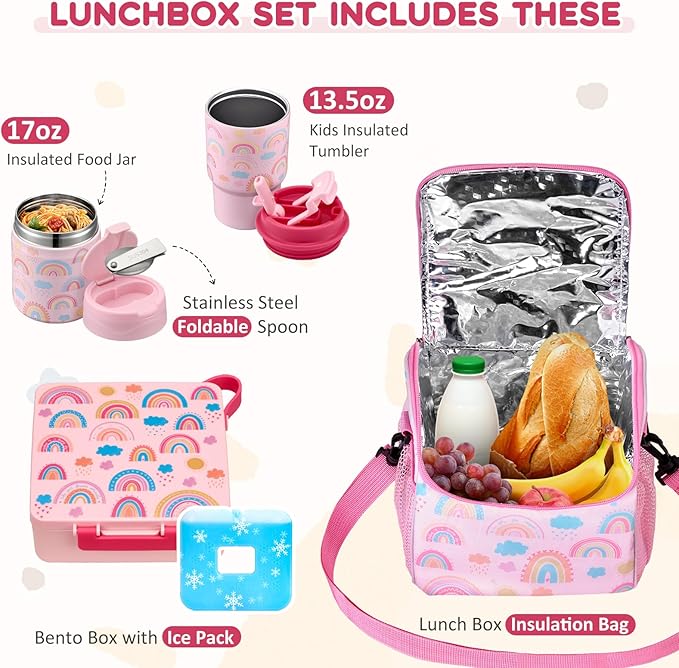 Lunch Box Set with Bento Box Container, 17OZ Stainless Steel Food Soup Thermo, Kids Water Bottle & Portable Insulated Lunch Bag – Leakproof, Hot/Cold Retention for School, Travel(Pink-Rainbow)