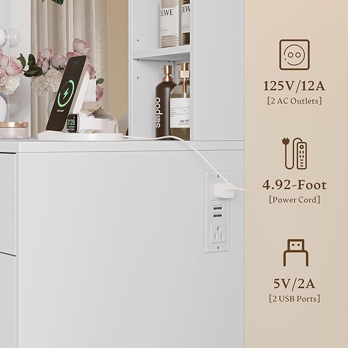 Makeup Vanity with Drawers, 43" White Vanity Desk with Mirror and Lights, 11 Drawers & 4 Shelves, Power Outlet & Adjustable LED Lights, Dressing Table for Women & Girls Bedroom