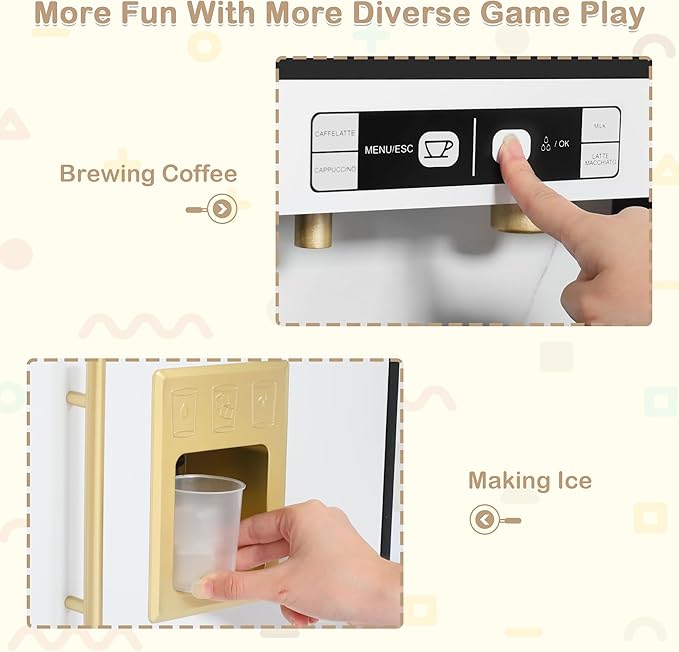 Kids Kitchen Playset, Wooden Play Kitchen with Toy Storage System, Pretend Play Kitchen Set Toy with Range Hood, Ice Maker & Coffee Maker, for Kids Ages 3+, Black