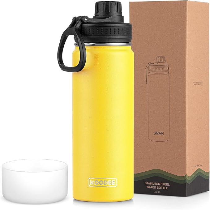 KOODEE Stainless Steel Water Bottle, 26 oz Double Wall Vacuum Insulated Sports Bottle with Leakproof Spout Lid (Yellow)