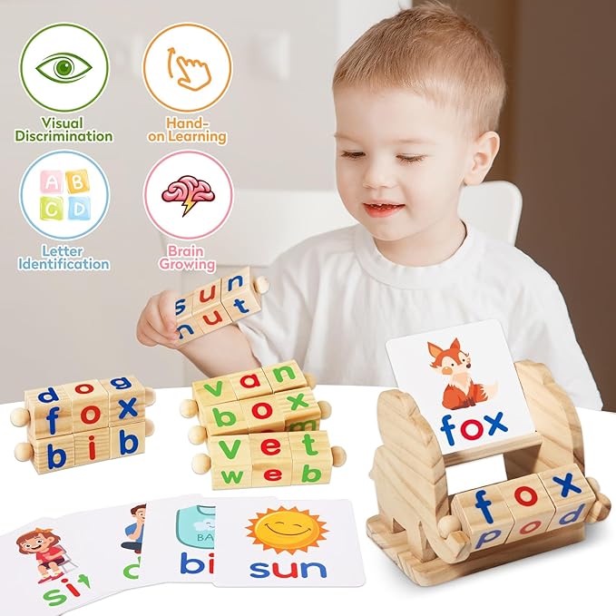 Montessori Learning and Educational Toys Gifts for Kids 3 4 5 Years, Wooden Reading Blocks Toys, Learning Activities for Preschool Kindergarten, Turning Rotating Matching Flash Card Games