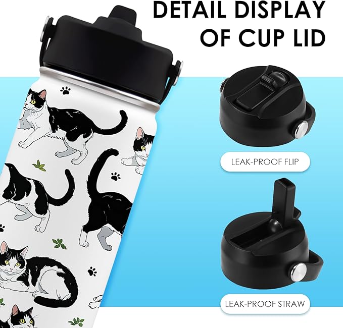 Cat Gifts for Kids - 16oz Cute Cow Cat Water Bottle with Straw Lid, Stainless Steel Insulated Tumbler, Leak Proof, BPA-Free, for Boys, Girls, School - Cow Cats Lovers Children Birthday Gifts Cups(1pc)