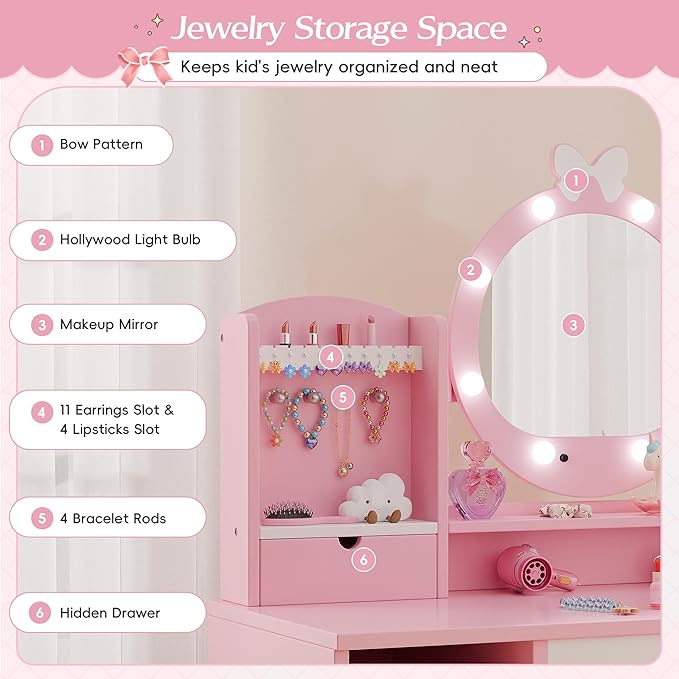 TOLEAD Kids Vanity, Girls Vanity Set with Mirror and Stool and Lights, Toddler Vanity Table and Chair Set with Jewelry Storage, Wooden Princess Makeup Desk Dressing Table for Little Girls (Pink)