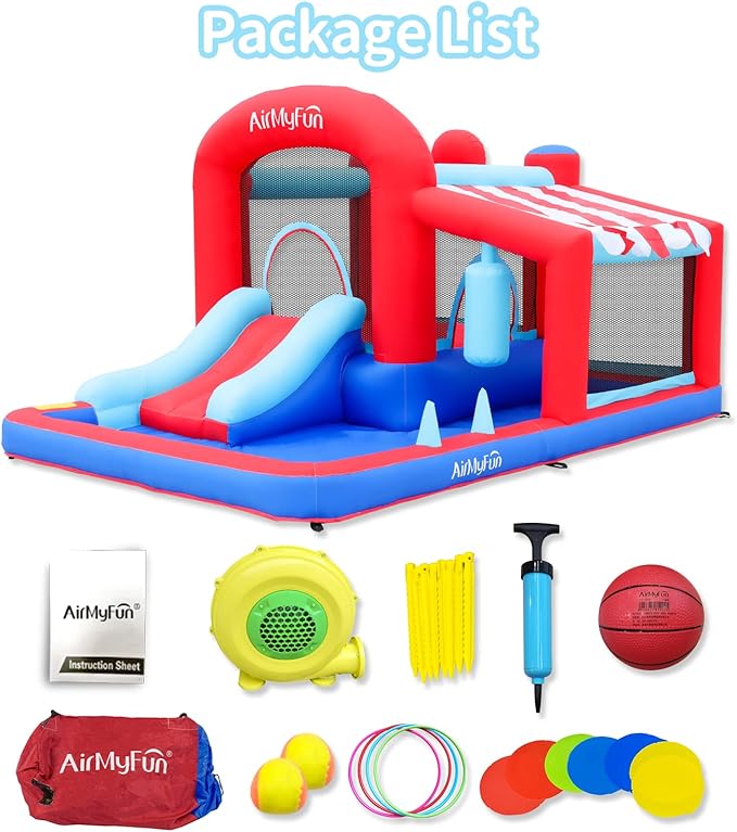 AirMyFun Inflatable Water Slide Bounce House with Long Curved Slide for Kids with Blower, Family Backyard Bouncy Castle with Fun Doorway Tunnel, Climbing Wall and Ball Shooting (Classics)