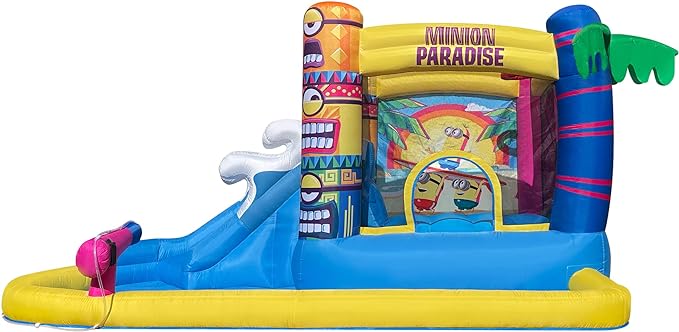 Funormous Minions Bounce House with Slide, Ball Pit & Water Cannon – Indoor/Outdoor Tropical Inflatable with GFCI Air Blower for Kids Ages 3–8