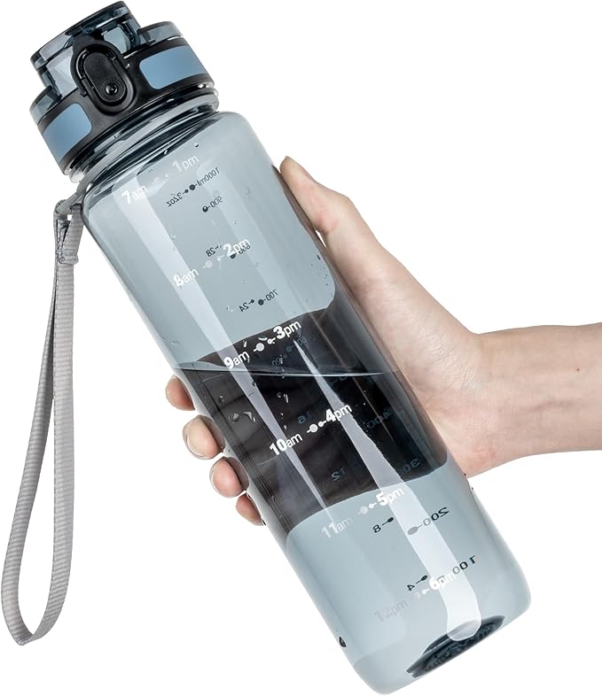OLDLEY 32 oz Water Bottle, Motivational Water Bottle with Time Marker, Sports Water Bottle With Strap, Leakproof & BPA Free Large Water Bottles for School, Gym, Travel, Tritan, Transparent Ink Blue