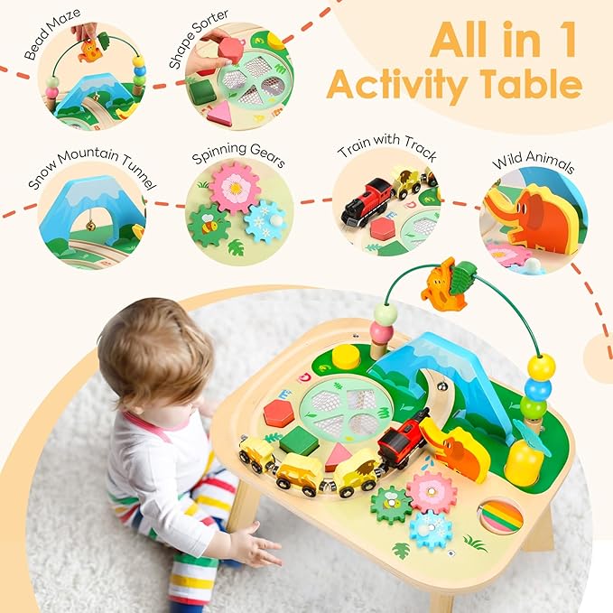 wingyz Activity Table for 1 Year Old Toddler, 9-in-1 Multi-Colorful Wooden Montessori Toys, Baby Play Table with Bead Maze Shape Sorter Train Toy, Educational Gifts for Kids Boys Girls