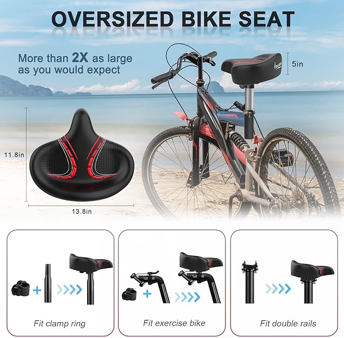 BLUEWIND Oversized Bike Seat, Wide Bicycle Saddle Novel Backrest Design for Electric Bike, Universal Fit Exercise Bike or Road Stationary Bike Seat Cushion for Men & Women