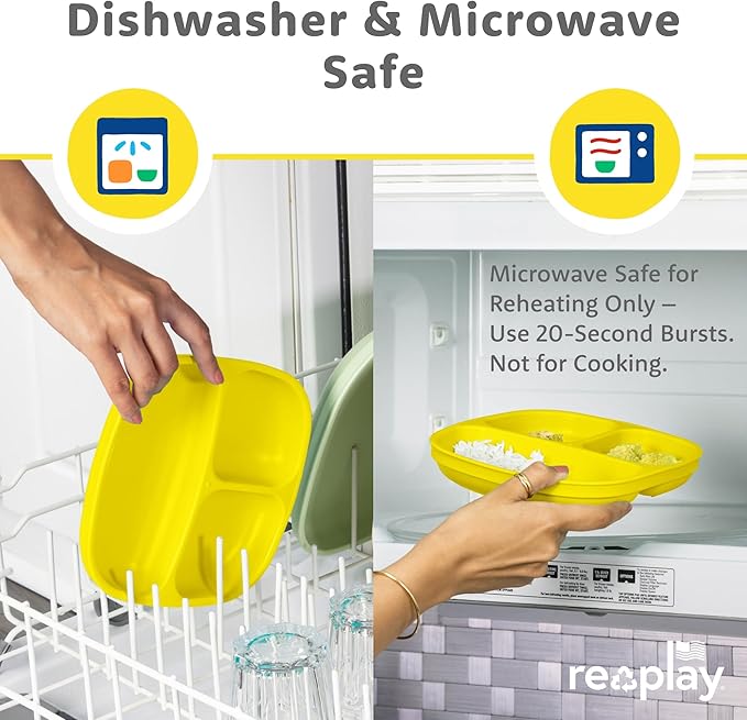 Re-Play Toddler Plates with Dividers - Deep-Walled 3 Compartments Divided Plates for Kids - Dishwasher & Microwave Safe - Made in USA - Set of 4-7.37" x 7.37" x 1.25" - Preschool
