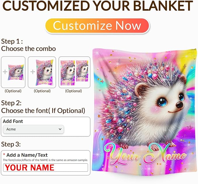 Personalized Blanket for Girls, Hedgehog Throw Blanket Gift for Kids Teens Adults, 50"x40" Custom Name Blankets for Couch Sofa Bed Bedroom Decor Travel