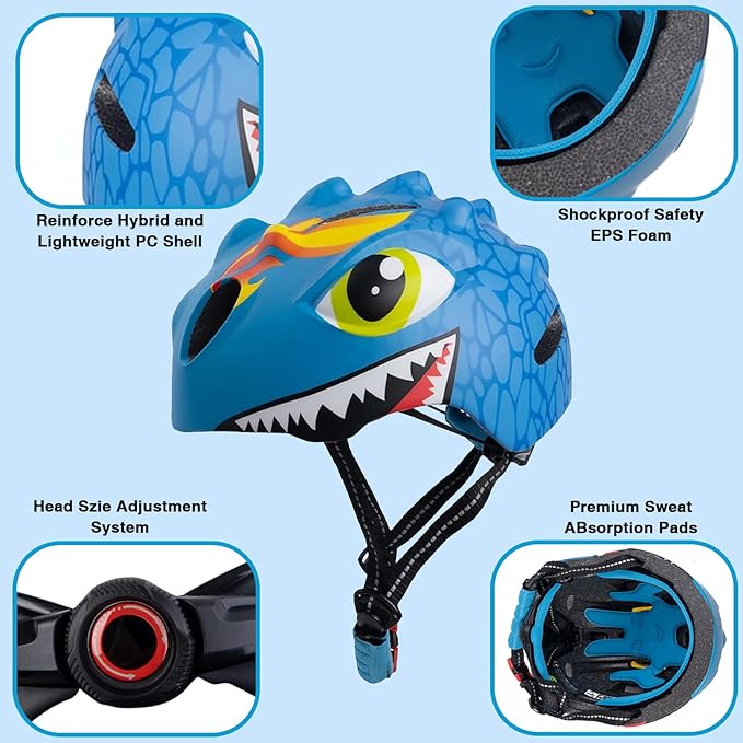 Toddler Helmet Kids Bike Helmet for 2 3 4 5 6 7 8 Years Old Girls with 3D Dinosaur Design Protective Gear Set and Safety Certified, Toddler Bike Cycling Skating Skateboard Scooter Helmet
