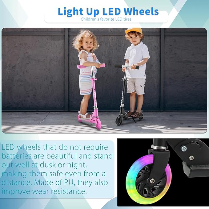 Scooter for Kids with Light up Wheels, 3 Adjustable Levels, Rear Brake